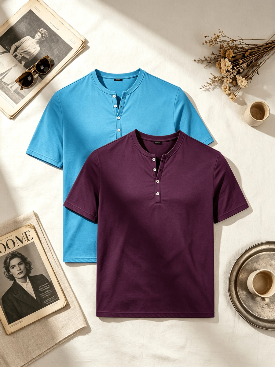2pcs Summer Refreshing Men's Henley Shirt, Button-Front Placket Design, Skin-Friendly Fabric, Breathable and Non-Stuffy, Simple and Elegant, Multiple Colors Available, Versatile for Daily Commuting and Outings - Mixed Color 3