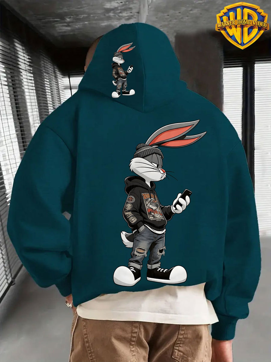 Warner Authorized Men'S New Trendy Hoodie, Warner'S 'Le Yi Tong' Co-Branded Le Yi Tong Street Style Bunny Print Hoodie, Casual Daily Drawstring Hoodie, Long Sleeve Pullover, Machine Washable, Versatile Sports Casual Loose Men'S Casual Hoodie, Fro - Green