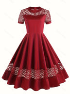 Vintage 50s Women's Dress with Round Neck, Lace Trim, and Short Sleeves - Burgundy