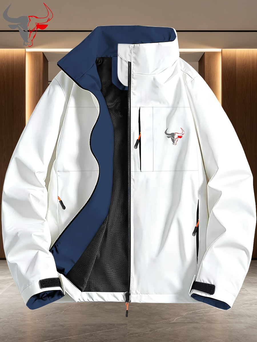 Gray- Head Pattern Contrast Lining Full Zip Stand Collar Windproof Jacket, Men Women Spring Autumn White Multi-Pocket Outdoor Fleece Coat Winter Clothes for Men - White