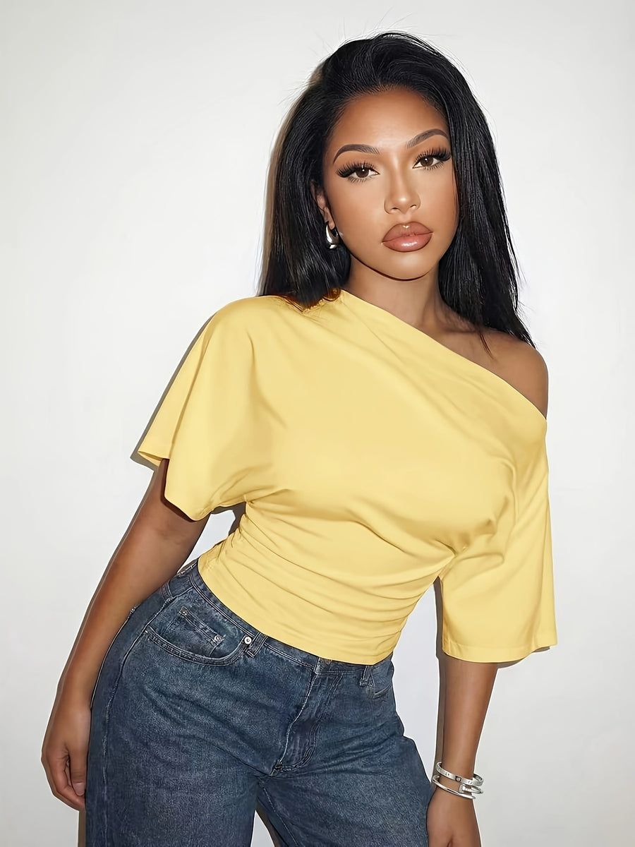 Spring Summer Vacation Beach Elegant Romantic Sexy Party Date Birthday Party Casual Elegant Off-Shoulder Loose Waist Pleated Solid Color T-Shirt Top - Bright Yellow