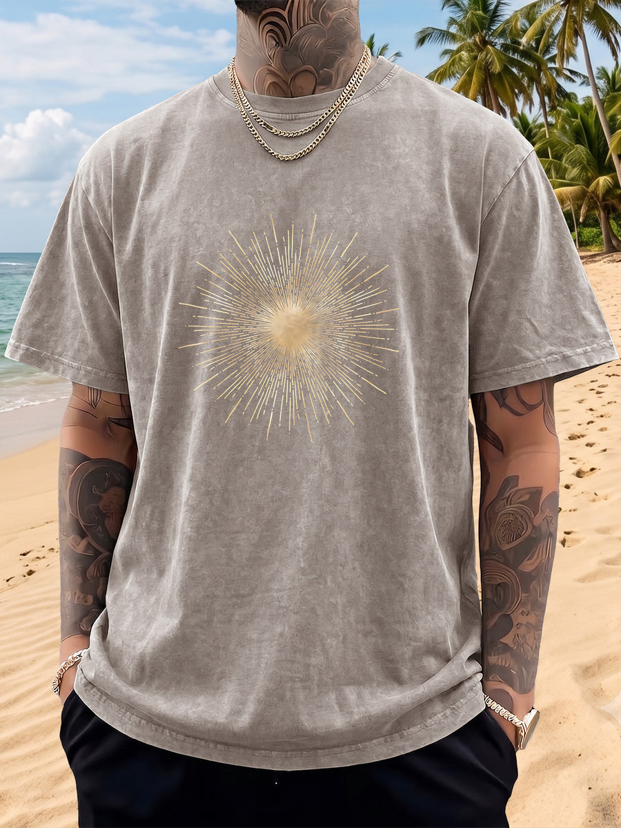 Men's Short-Sleeve T-Shirt, Pure Cotton, Loose Fit, Washed and Distressed, Sunburst Starlight Pattern, Trendy Reverse Double-Sided Print, Multiple Colors for Mix and Match, American Streetwear Hip-Hop High Street Top, for Daily Outings - Apricot