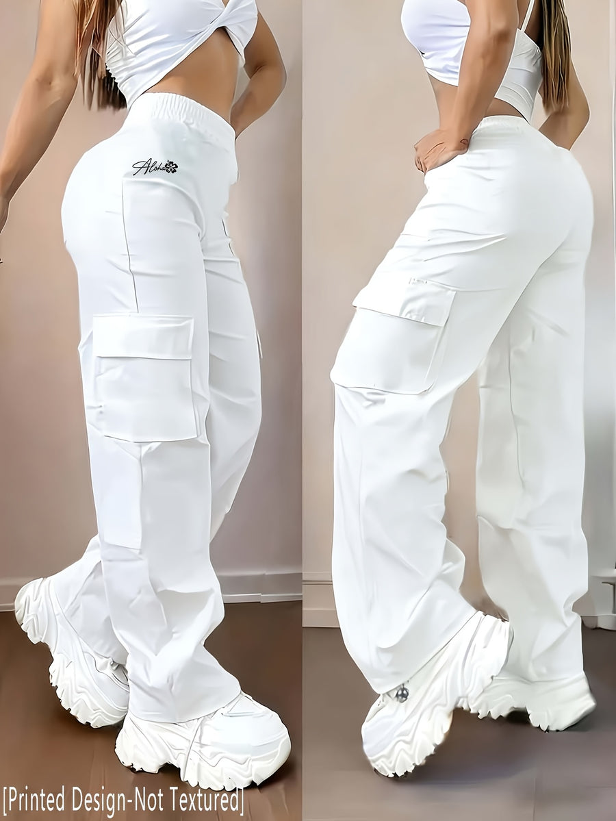 D355- Women'S Casual Pants, Creative Design Floral Print, Fashionable Cargo Pants-Why1526 - White