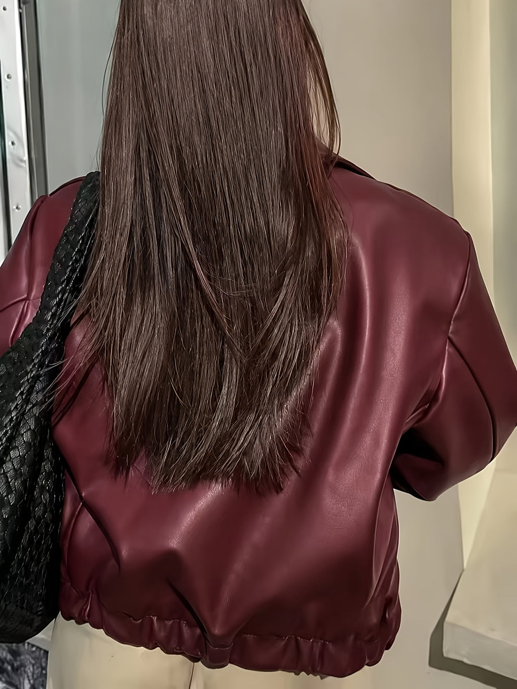 Ladies Fashion Casual Faux Leather Jacket Top - Burgundy