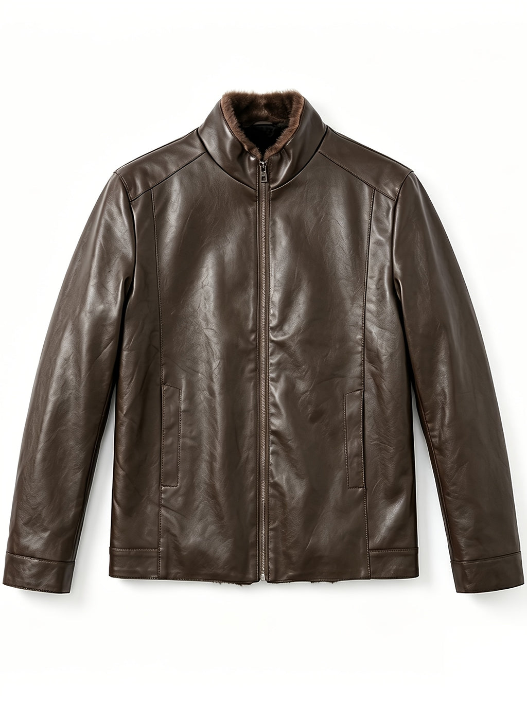 [Pearson OBM] Autumn Winter Men'S Faux Leather Jacket Casual All-Match Warm Zippered Faux Leather Jacket Outdoor Casual Top - Coffee Color