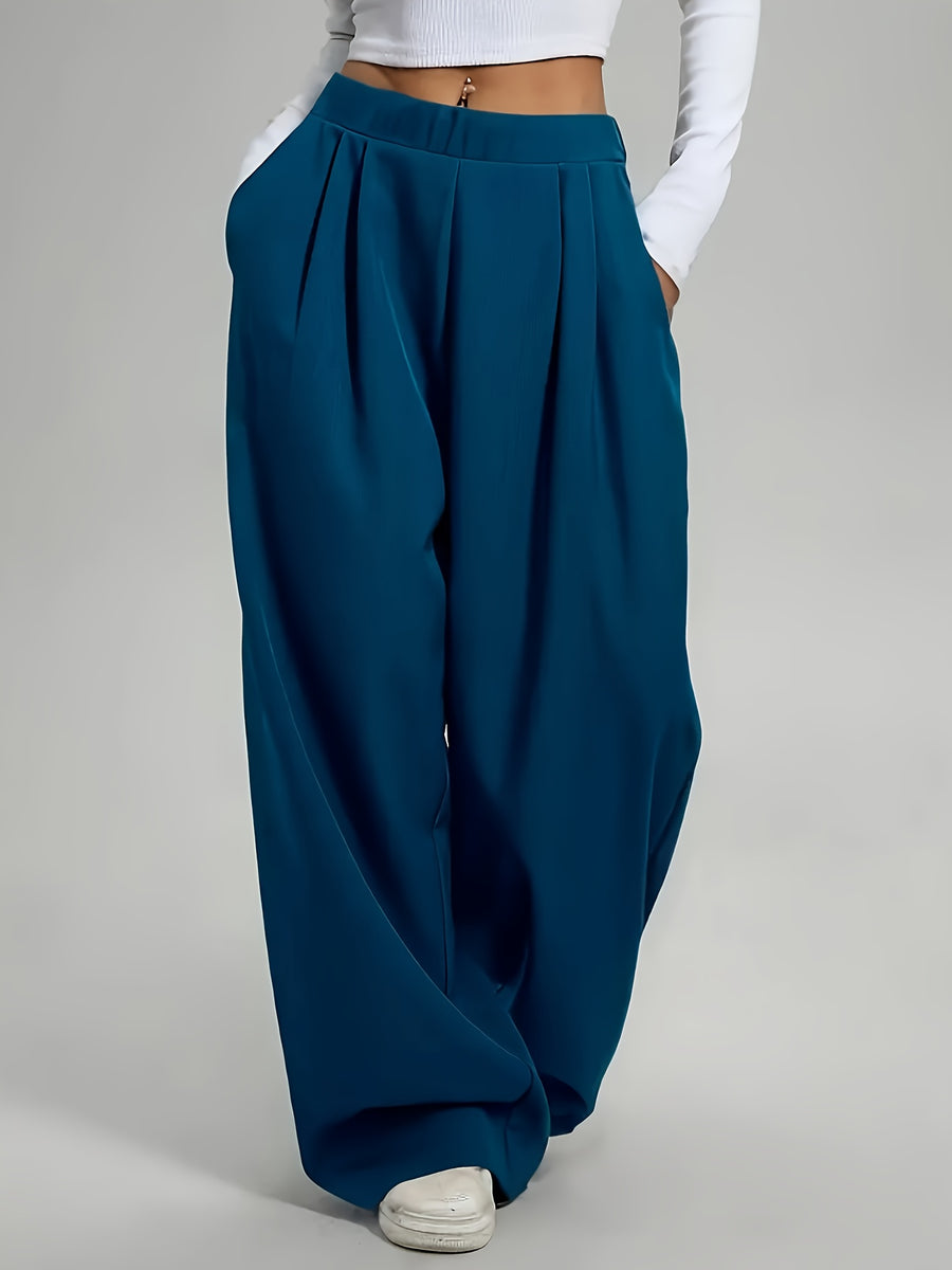 Women's Spring/Summer Casual Comfortable Stretchy Waist Pink Basic Pull-On Pants, Autumn Women's Classic Outdoor Pants, Curve Pants, Women's Autumn Pants, High-Waisted Solid Color - Peacock Blue