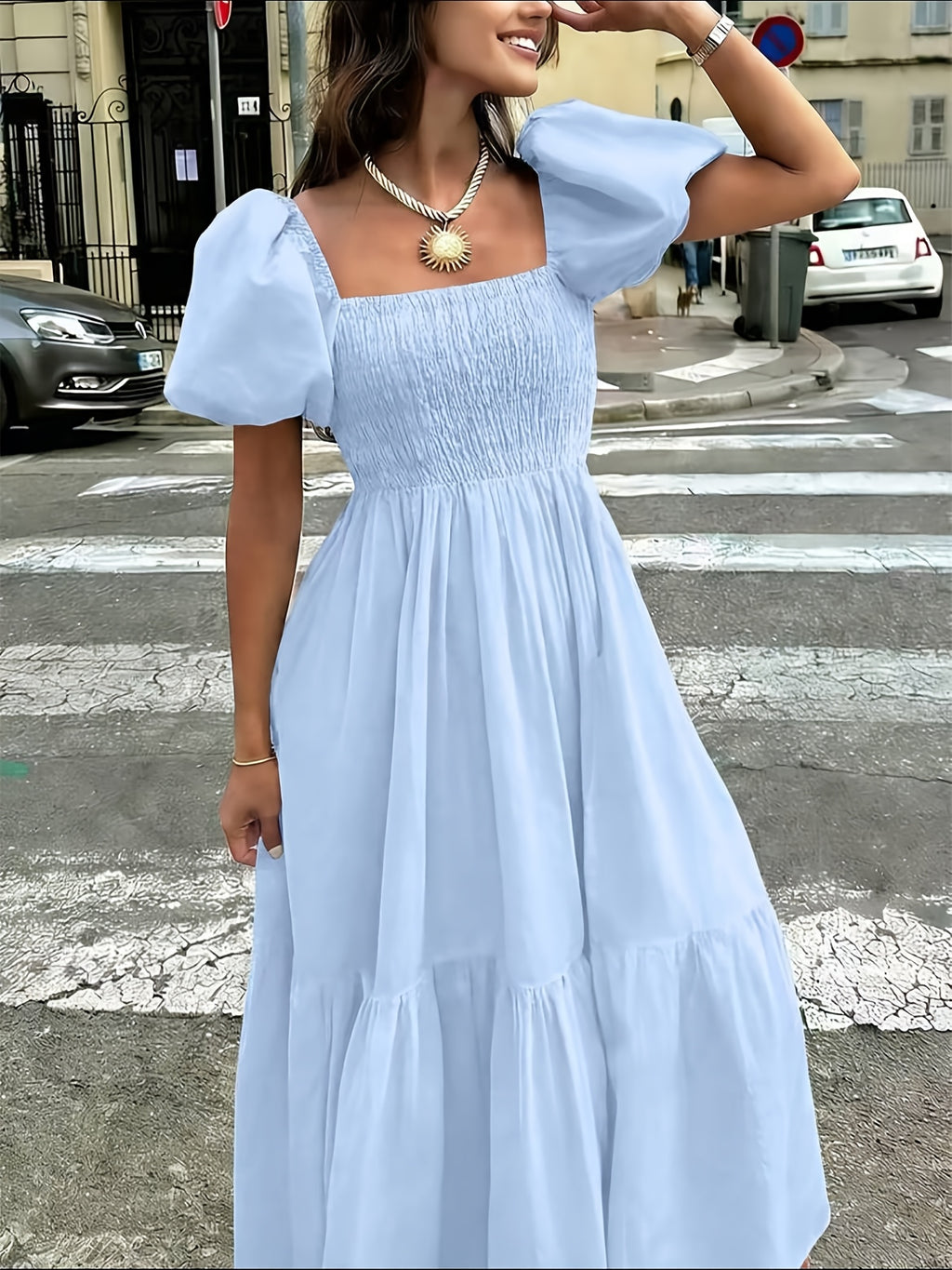 Women's Elegant Square Neck Puff Short-Sleeve Bridesmaid Dress - Shirred High-Waisted Waist-Cinching A-Line Midi Dress with Layered Hem, Suitable for Wedding Guest Dresses, Parties, Daily Wear & Vacation Outfits - Light Blue