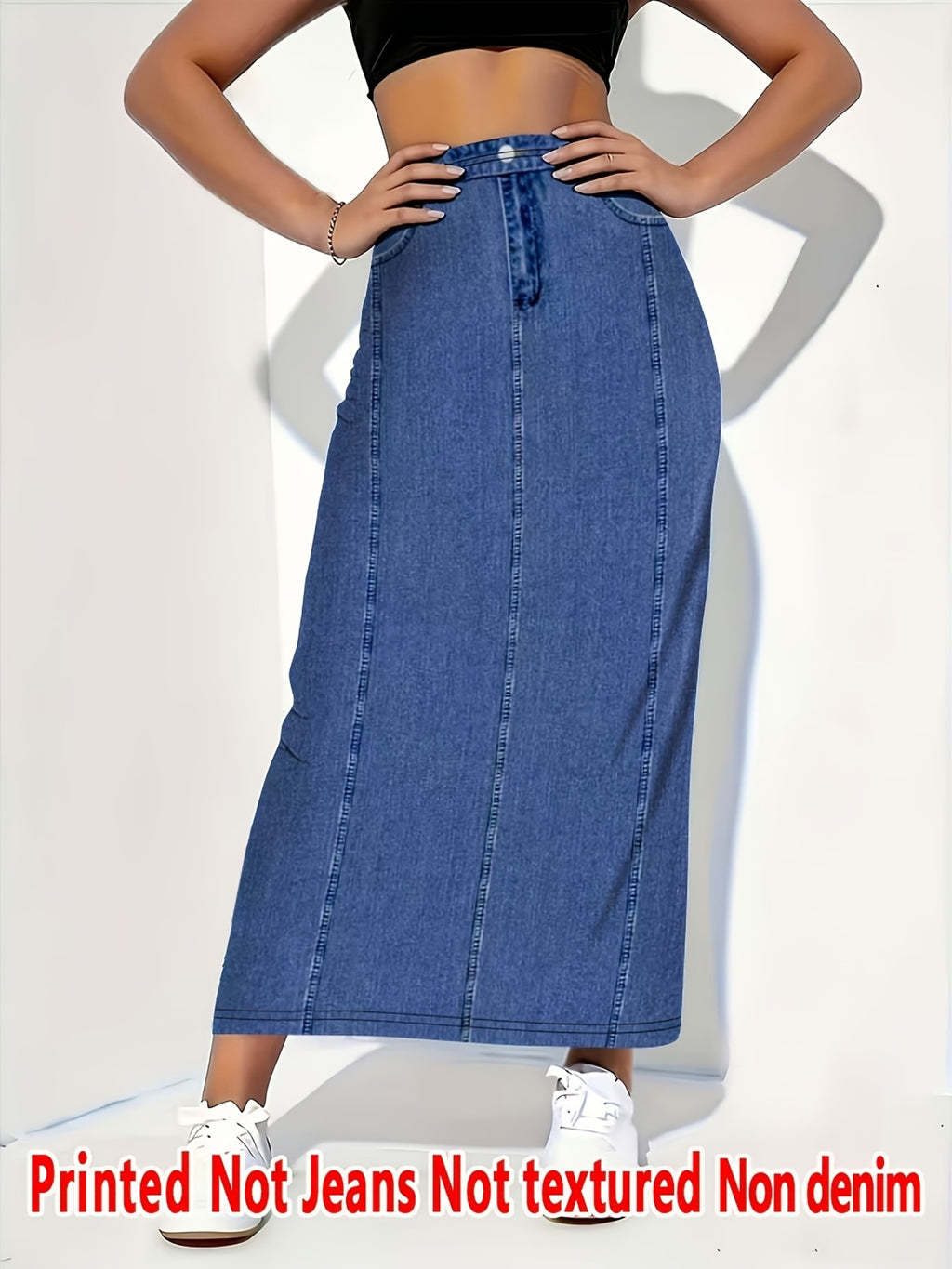 [Printed Skirt - Not Denim Fabric]Non-Denim Fabric, Denim Print, New Spring And Summer Women'S Non-Denim Fabric, Solid Color Print Skirt, High Waist, Casual Versatile Mid-Length Skirt - Blue
