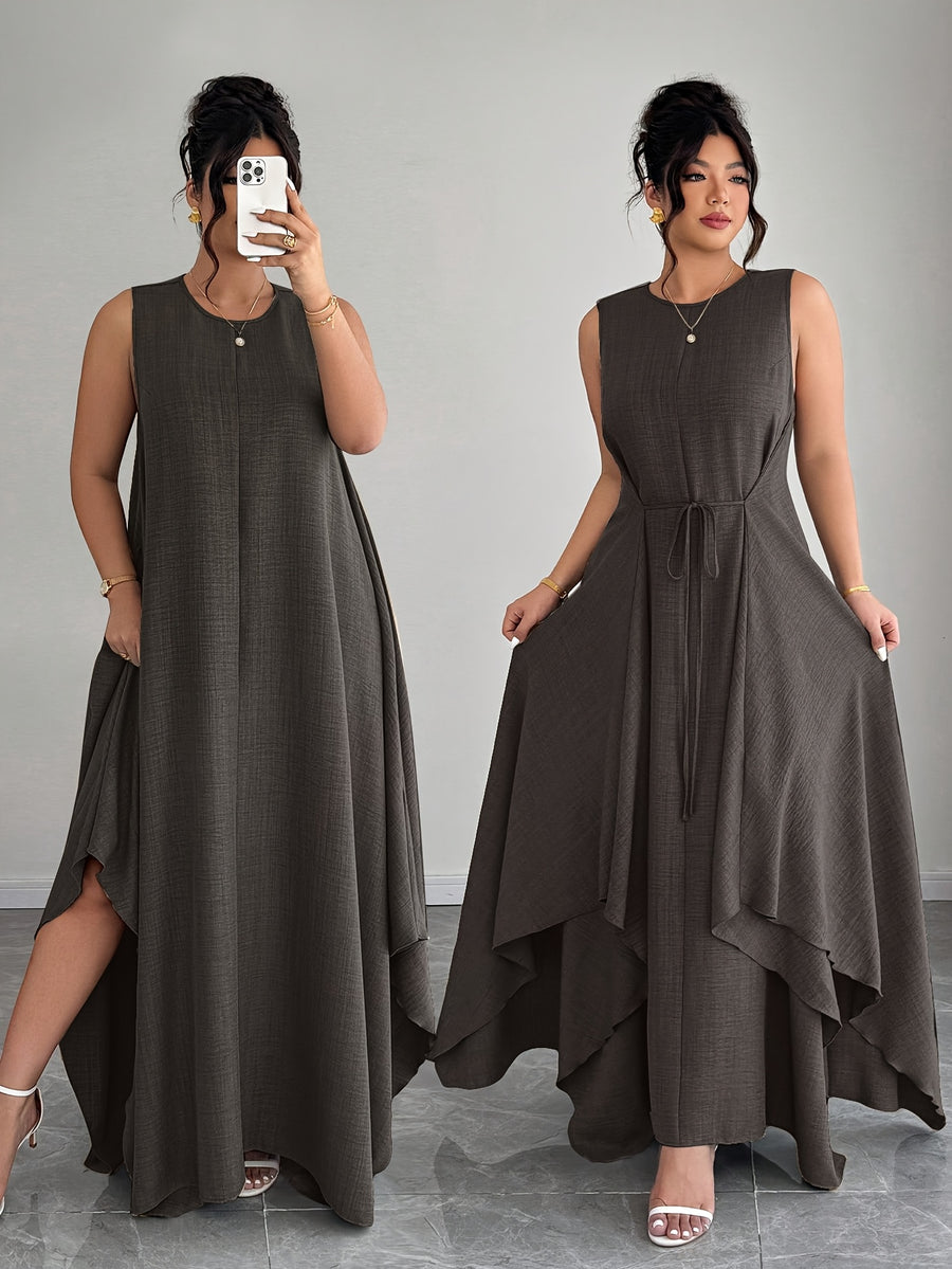 Women'S Elegant Vacation Casual Daily Outerwear Tie-Belt A-Line Asymmetrical Hem Dress - Grey