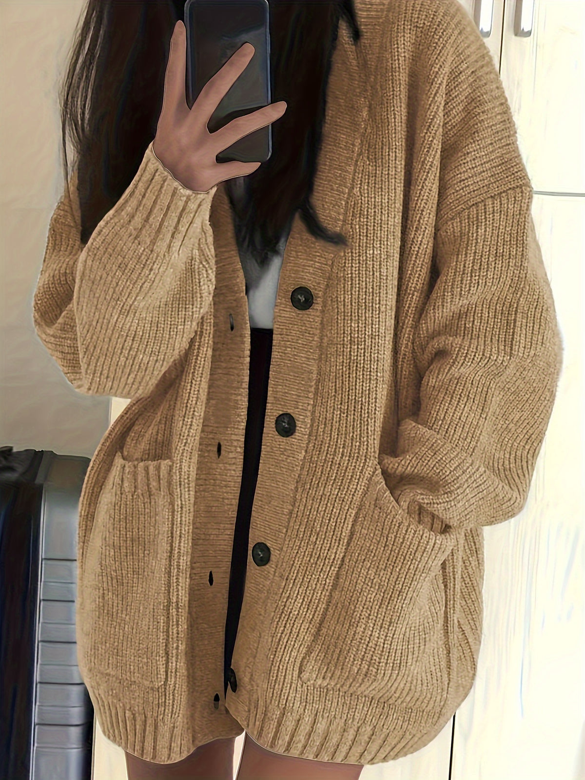Casual V-Neck Single-Button Sweater Women'S Fall Winter Outerwear Top - ginger-colored