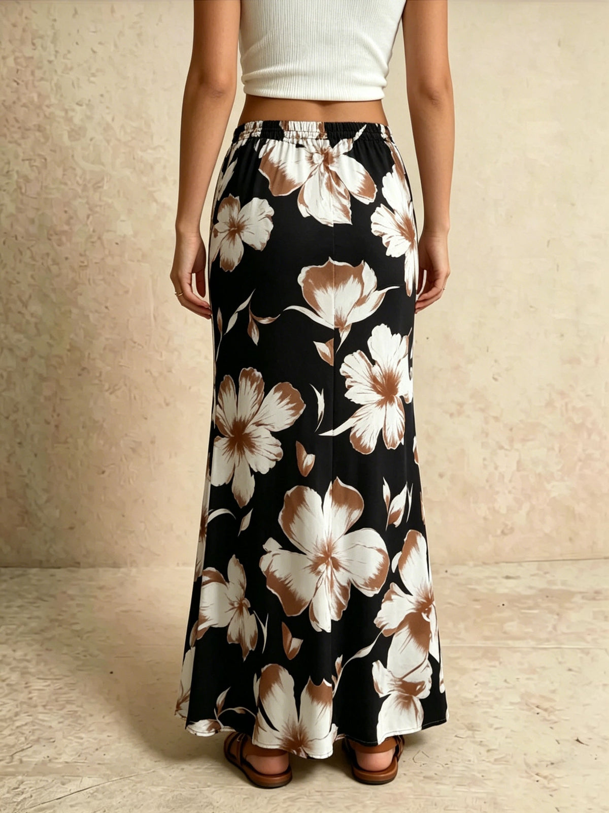 Women's Daisy Print High-Waisted Mermaid Skirt with Drawstring Elastic Waist, Draped and, Vacation Style Maxi Dress - Black
