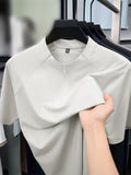 New Summer Men's Short-Sleeve Henley Shirt, Half-Zip Stand Collar Raglan Solid Color Top, Versatile Multi-Color Men's Apparel for Business Commuting, Outdoor, Fitness, Golf, Men's Gift - Off-white