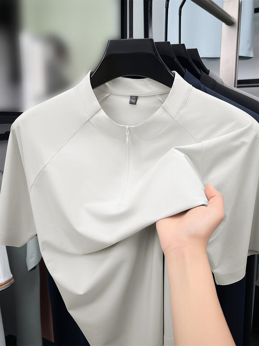 New Summer Men's Short-Sleeve Henley Shirt, Half-Zip Stand Collar Raglan Solid Color Top, Versatile Multi-Color Men's Apparel for Business Commuting, Outdoor, Fitness, Golf, Men's Gift - Off-white