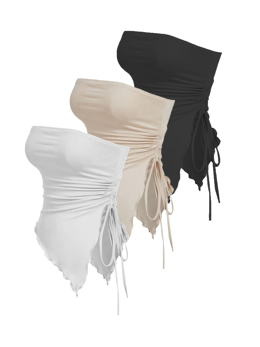 Women'S 3-Pack Strapless Top Drawstring Side Ruched Asymmetrical Tube Tops - Black/Beige/White