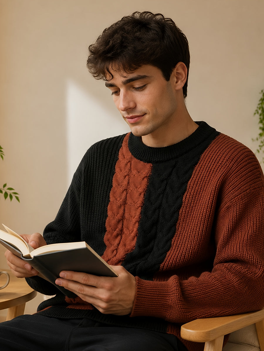 Men'S Vertical Stripe Color-Block Jacquard Round Neck Sweater, Loose Drop Shoulder Fit, Casual Relaxed Style, Flattering for All Body Types, Ideal for Daily Outings, Dates, And Commuting - SINBOS - Red