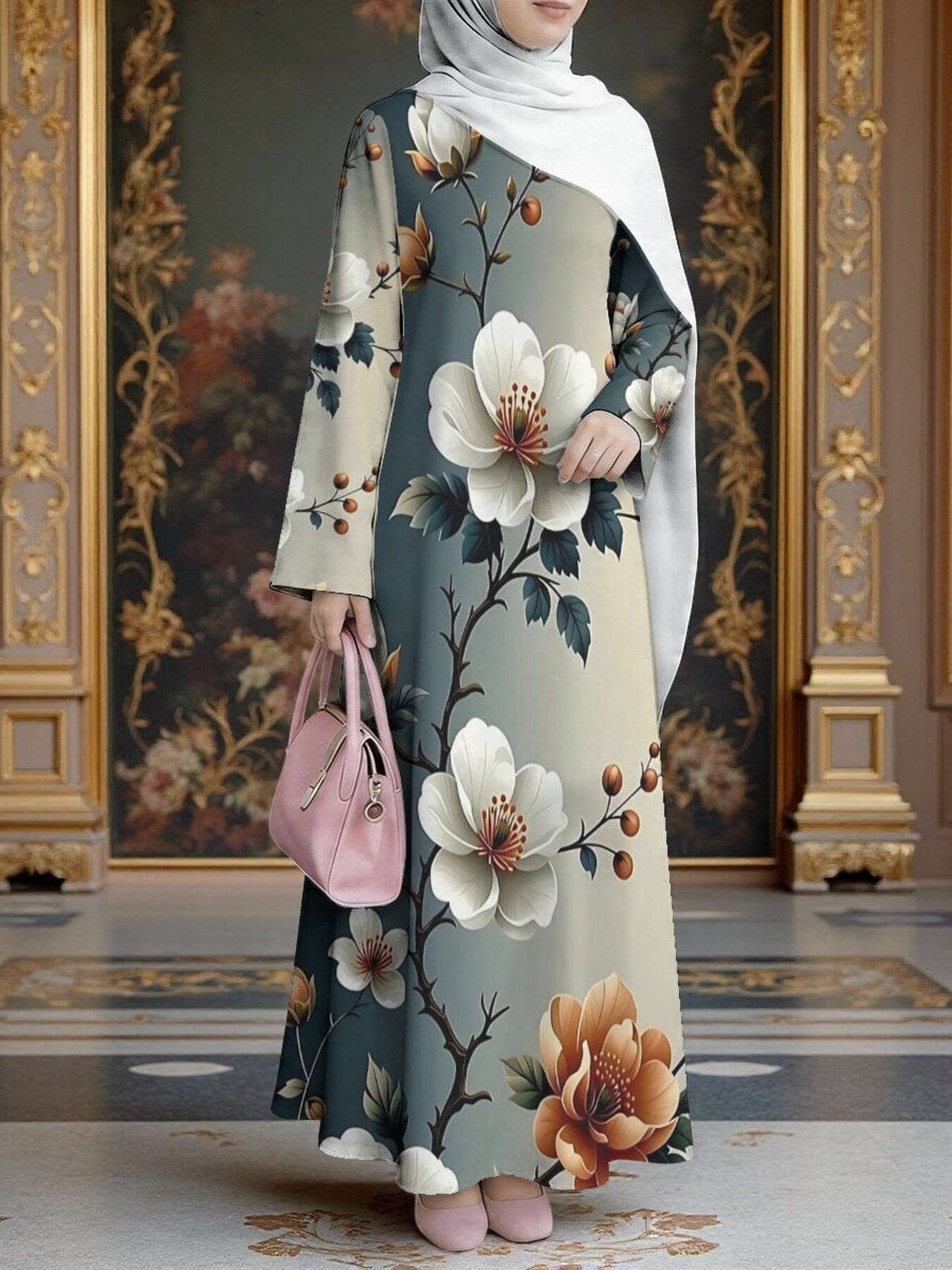 Women'S Hot Middle Eastern Style Muslim Elegant Robe, Gradient Base Large Floral Print Dress, Loose A-Line Flared Long Sleeve, Home Prayer And Outdoor Wear, Skin-Friendly Smooth Non-Embroidered Craft - Mixed colors