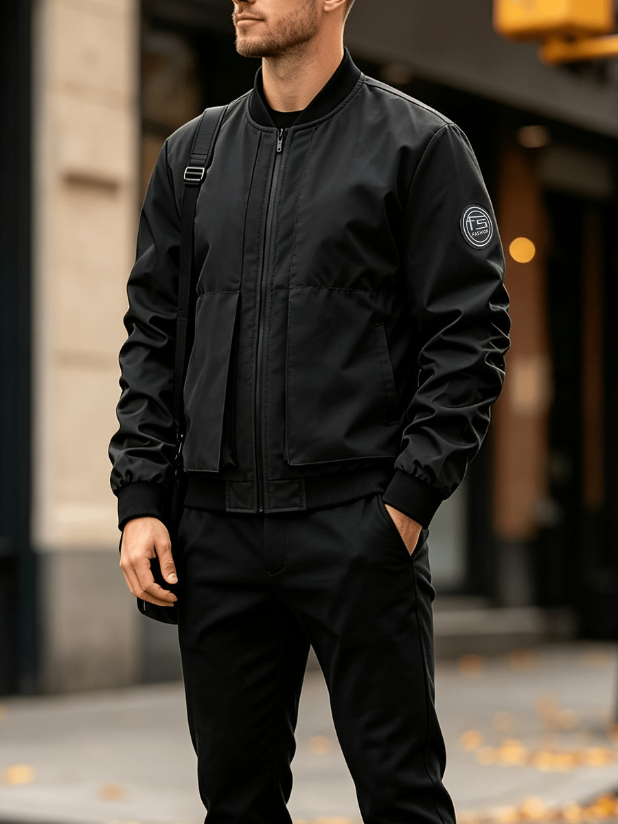 Men'S Bomber Jacket Autumn Baseball Collar Work Jacket Multi-Pocket Patch Casual American Vintage Baseball Jacket Suitable for Daily Work Scenes - Black