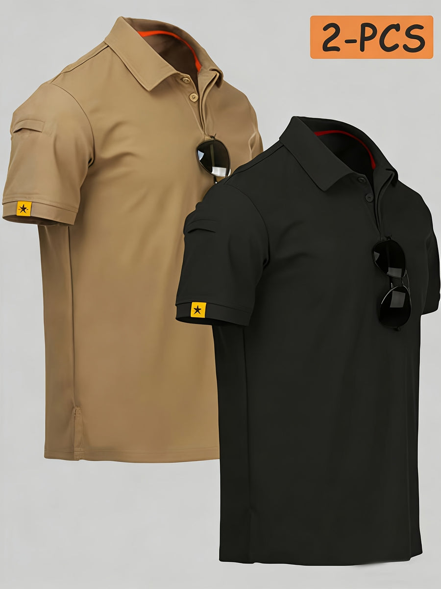 2pcs Summer Quick-Dry Lightweight Breathable Men'S Short Sleeve Loose T-Shirt Breathable Lapel T-Shirt Outdoor Riding Casual Short Sleeve Top, Additions Not Included - Black Khaki