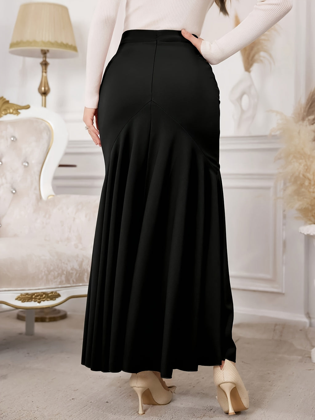 Directional Style Women'S Elegant Half Skirt, Fashionable High-Waisted Mid-Length Skirt, Elastic Waistband, Fishtail Skirt, A-Line Skirt, Suitable for Daily Casual Wear, Parties, Vacations, And Outdoor, Spring/Autumn Collection - Black