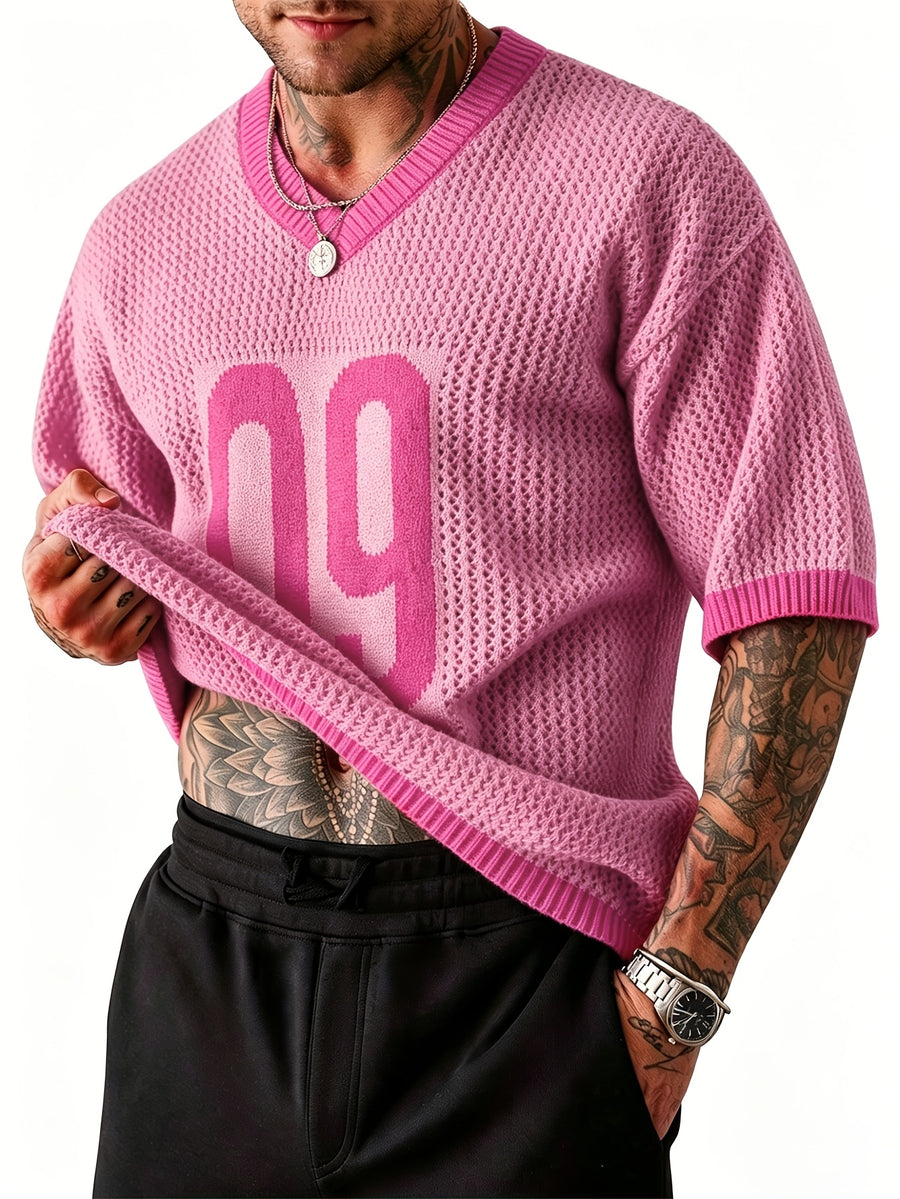 Spring Summer New Men'S Short Sleeve Hollow Loose Knit Pullover Top V-Neck Pullover Casual Outdoor Top - Rose Red