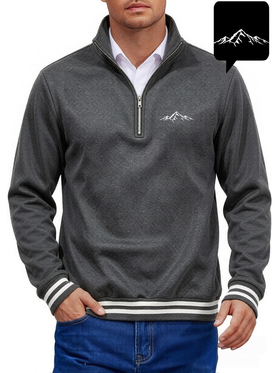 Men's Solid Color Half-Zip Stand Collar Sweatshirt, Mountain Print with Striped Ribbed Cuffs and Hem, Loose Fit Casual Sport Pullover, Daily Vintage Style Jacket - Deep Gray