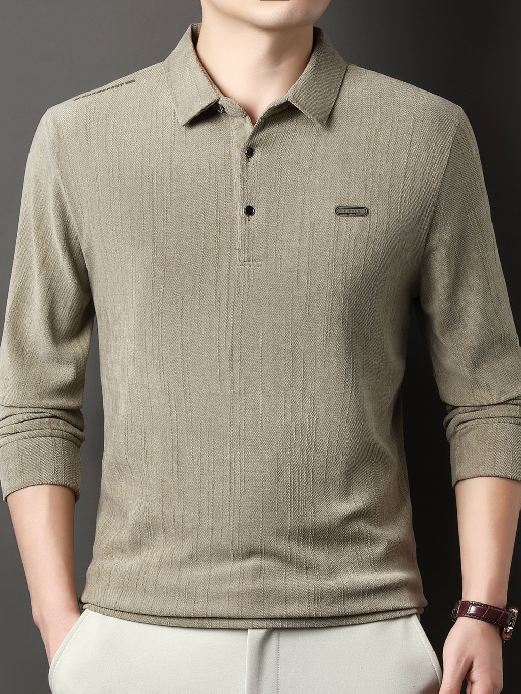 New Autumn Collection: Men's High-GSM Solid Color Textured Vertical Stripe Lapel Top for Commuting, Business, and Casual Wear - Knitted T-Shirt Polo Shirt - Khaki