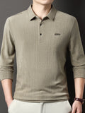 New Autumn Collection: Men's High-GSM Solid Color Textured Vertical Stripe Lapel Top for Commuting, Business, and Casual Wear - Knitted T-Shirt Polo Shirt - Khaki