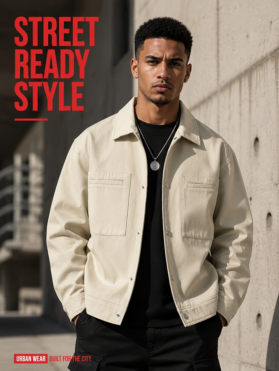 Men'S Lapel Collar Snap Button Utility Jacket, Multi-Patch Pockets Design with Pen Slot, Loose Short Cut Workwear Outer Coat, Durable Fabric Street Style Outerwear for Everyday City Wear - Apricot