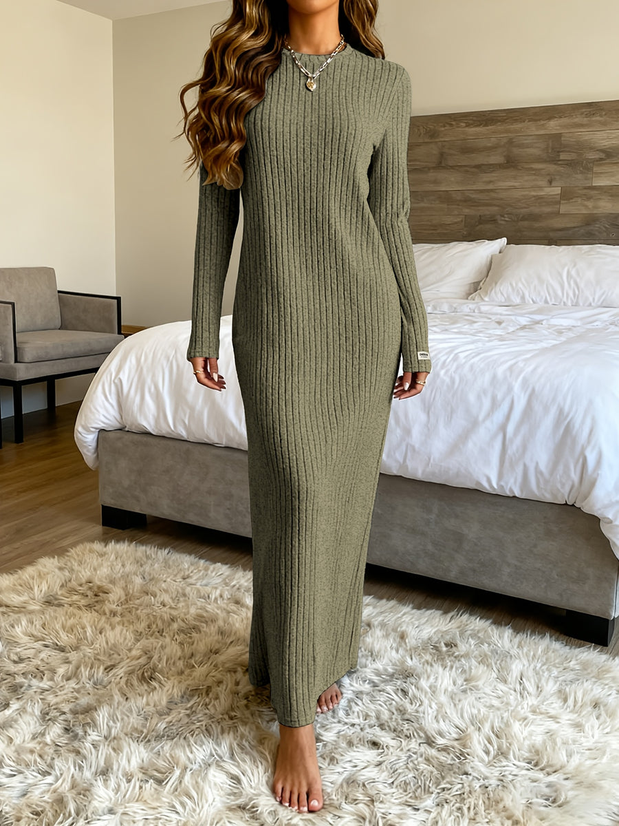 New Women's Round Neck Pullover Long Dress, Suitable for Home Wear, Outerwear, or as a Base Layer, Long Sleeve, Slim Fit, Loose Fit, A-Line, Solid Color, Ribbed, Relaxed Style Long Dress - Army Green