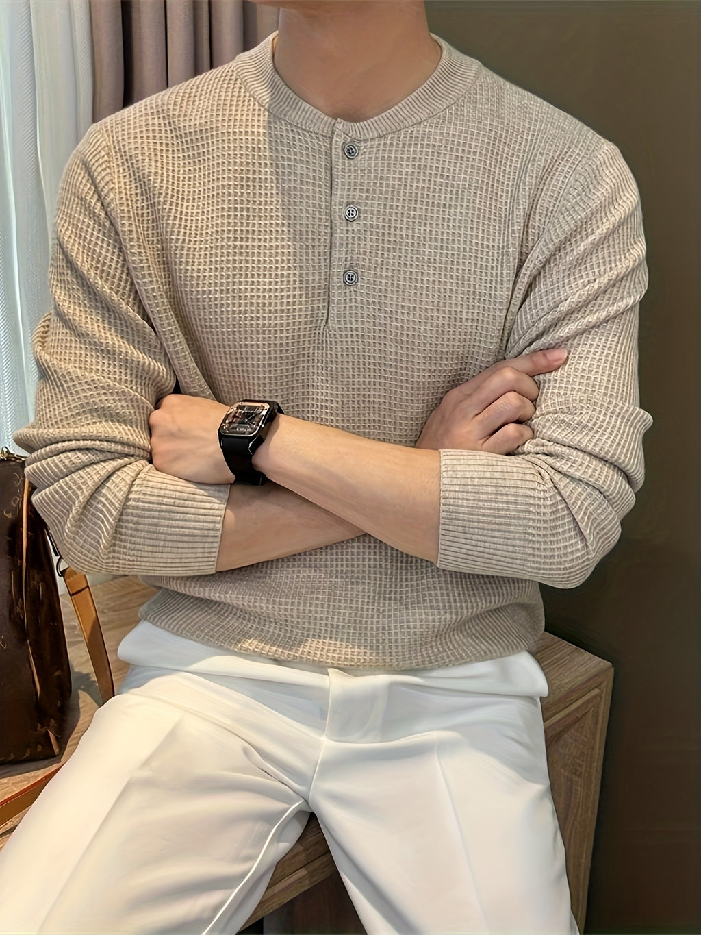Waffle Knit Soft and Skin-Friendly Lazy Style Men's Henley Neck Pullover Base Layer Sweater - Oatmeal Color