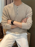 Waffle Knit Soft and Skin-Friendly Lazy Style Men's Henley Neck Pullover Base Layer Sweater - Oatmeal Color
