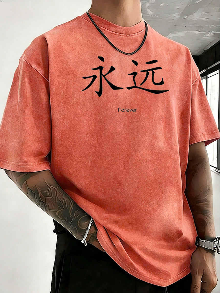 Heavyweight Ready-to-Wear Dyed Washed Double-Sided Print T-Shirt for Adults, Featuring Letter Graphic Print, Simple Loose Fit Pure Cotton Top, Versatile Short Sleeve for Commuting, Office, and Daily Wear - Orange