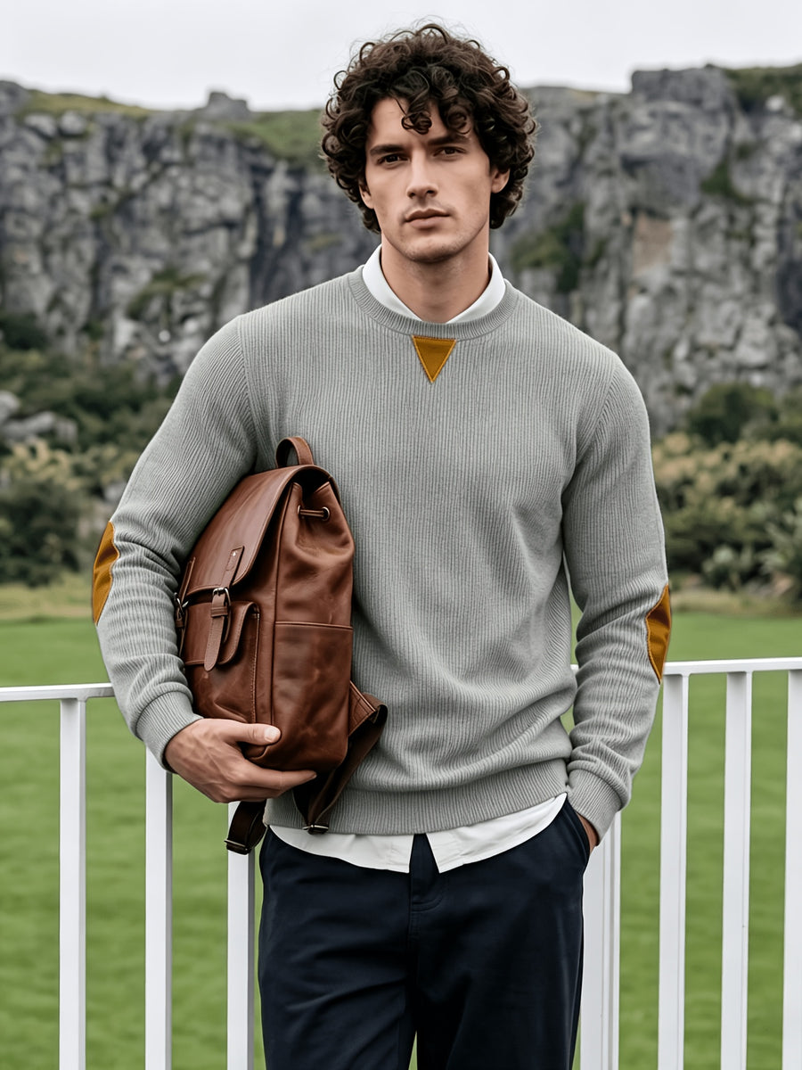Men'S Corduroy Long-Sleeve Crew-Neck Pullover Leisure Work Outdoor Daily Wear Faux Collar Elbow Patches Design Loose Regular Fit Suitable for Spring, Autumn, And Winter Four Seasons Solid Color Minimalist Tone - Light Grey