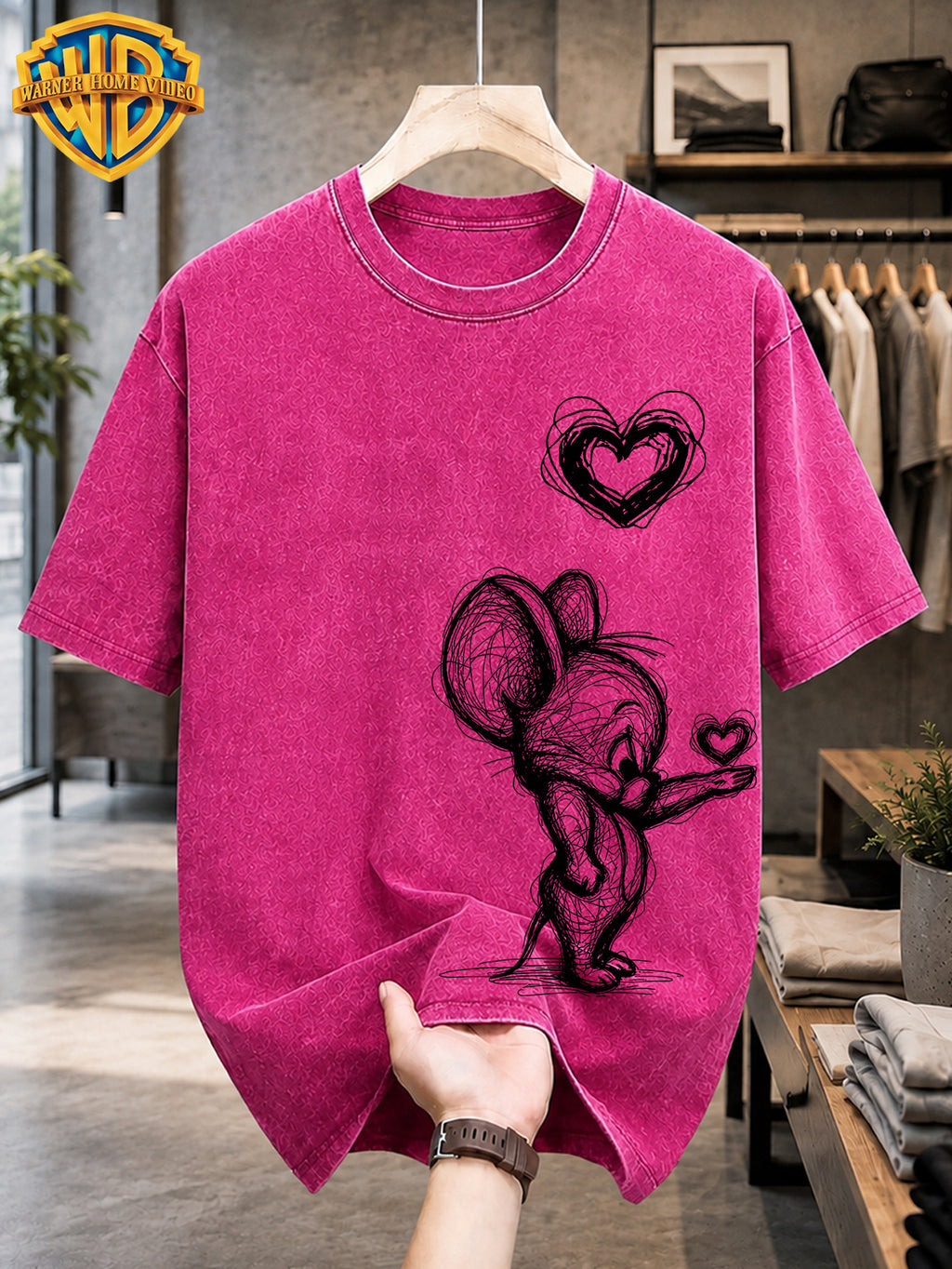 Warner Bros. Licensed Men'S Washed Retro T-Shirt, Sketch Style Classic Cartoon Character Kissing Heart Print, Hand-Drawn Line Graffiti Loose Round Neck Short Sleeve Top, Western Street Trendy Casual Summer Men'S Clothing - Rose Red