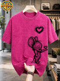 Warner Bros. Licensed Men'S Washed Retro T-Shirt, Sketch Style Classic Cartoon Character Kissing Heart Print, Hand-Drawn Line Graffiti Loose Round Neck Short Sleeve Top, Western Street Trendy Casual Summer Men'S Clothing - Rose Red