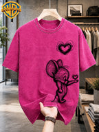 Warner Bros. Licensed Men'S Washed Retro T-Shirt, Sketch Style Classic Cartoon Character Kissing Heart Print, Hand-Drawn Line Graffiti Loose Round Neck Short Sleeve Top, Western Street Trendy Casual Summer Men'S Clothing - Rose Red