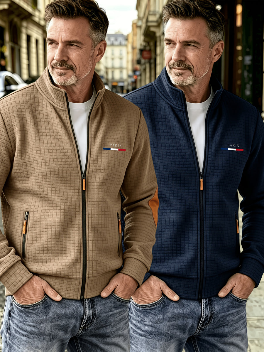 2pcs Men'S Autumn Winter Sports Small Stand-Up Collar Zipper Pocket Jacket, Spring Autumn Versatile Zipper Cardigan Top, Fashionable Plaid Jacquard Texture Fabric, Stylish Elbow Classic Color-Block Casual Coat, Suitable As Men'S Holiday Gift - Khaki+navy Blue