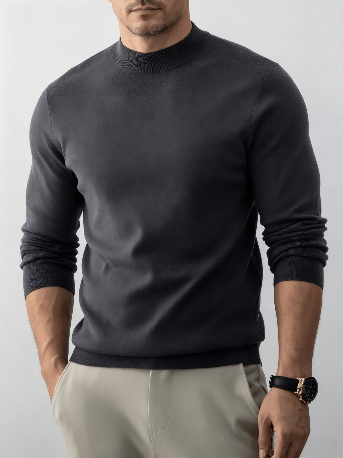 Autumn And Winter New High-End Slim Fit Half-High Collar Knit Long-Sleeve Top Suitable for Mature Men for Commuting, Business / Weekend Casual / Light Business Gatherings, Long-Sleeve Sweater, Mid-Aged Men'S Versatile Long-Sleeve Knit Sweater - Star Gray