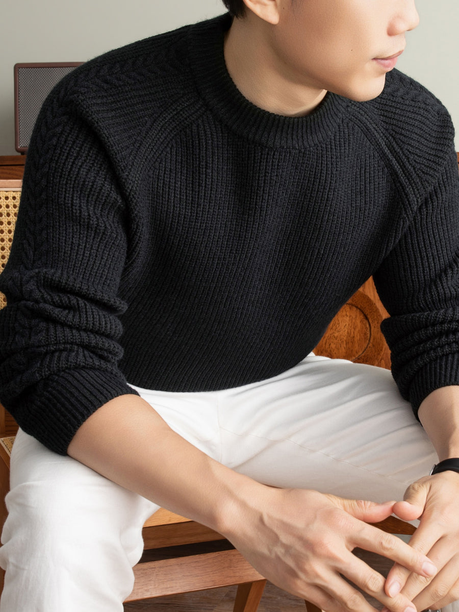 Winter New Round Neck Long Sleeve Thick Warm Men'S Sweater Off-Shoulder Style All-Match Casual Knit Top, Easy And Cool Base Layer Men'S Top, Comfortable And Breathable, Skin-Friendly Cold-Proof Pullover Clothing HF1193 - Black
