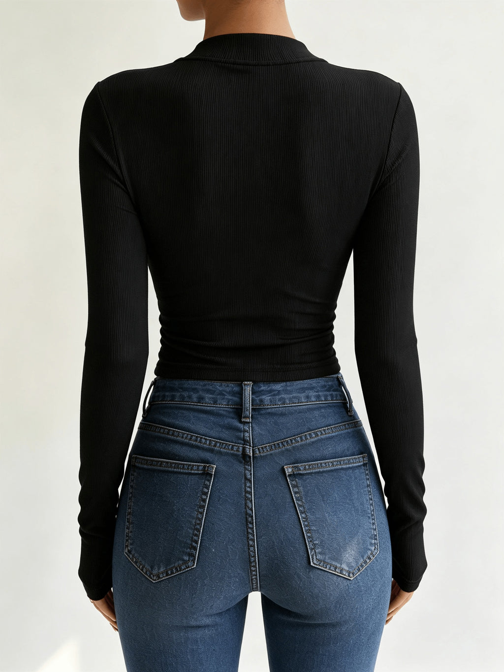 Zip-up Slim-fit Long-sleeve T-shirt, Ribbed Stretchy Base Layer Top, Hot Cropped Crewneck Top, Top with Thumbholes, Solid-color Slim-fit Inner Layer - Black