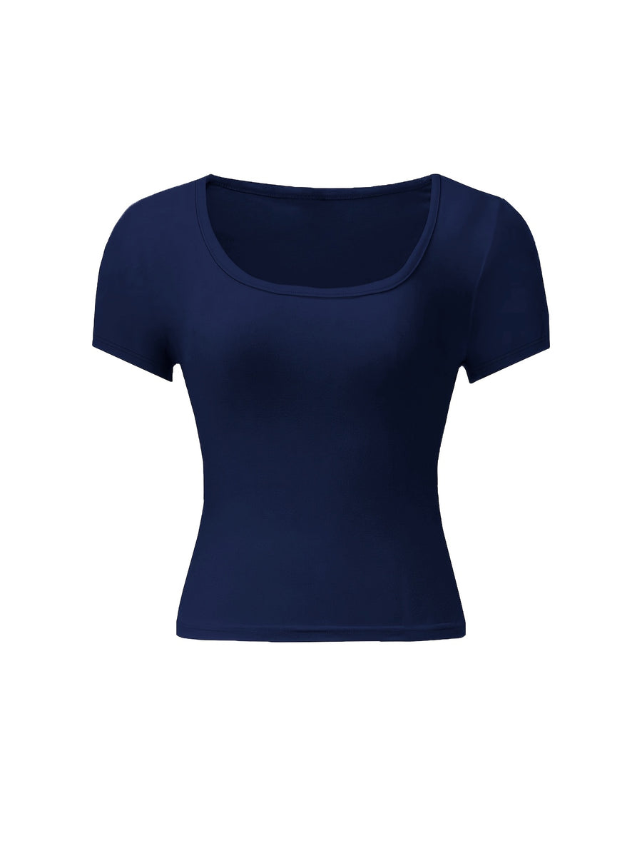 4pcs Set U-Neck Short-Sleeved T-Shirt Women'S Summer New Solid Color Slim Short All-Match Top - Navy + black + brown + white