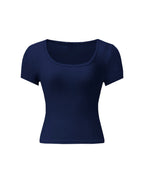 4pcs Set U-Neck Short-Sleeved T-Shirt Women'S Summer New Solid Color Slim Short All-Match Top - Navy + black + brown + white