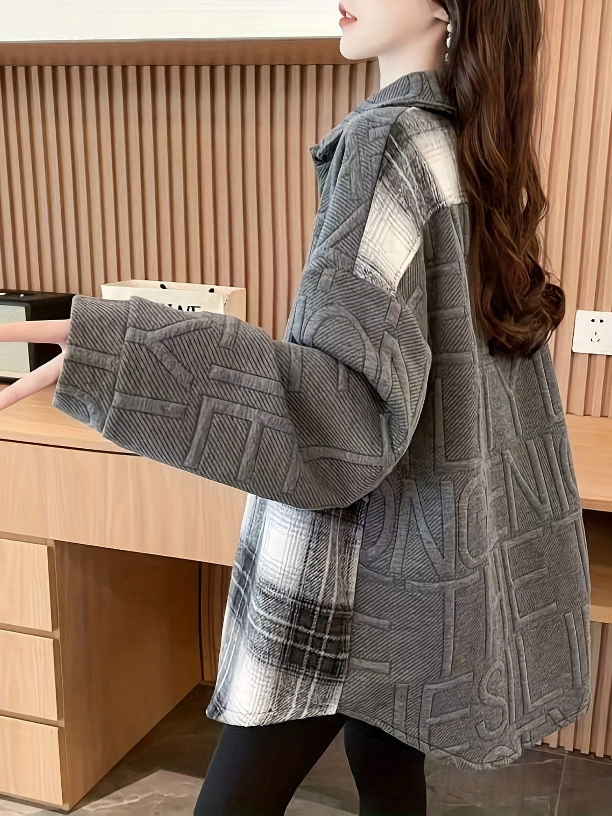 Jacquard Patchwork Plaid Shirt Casual Jacket for Women - Grey