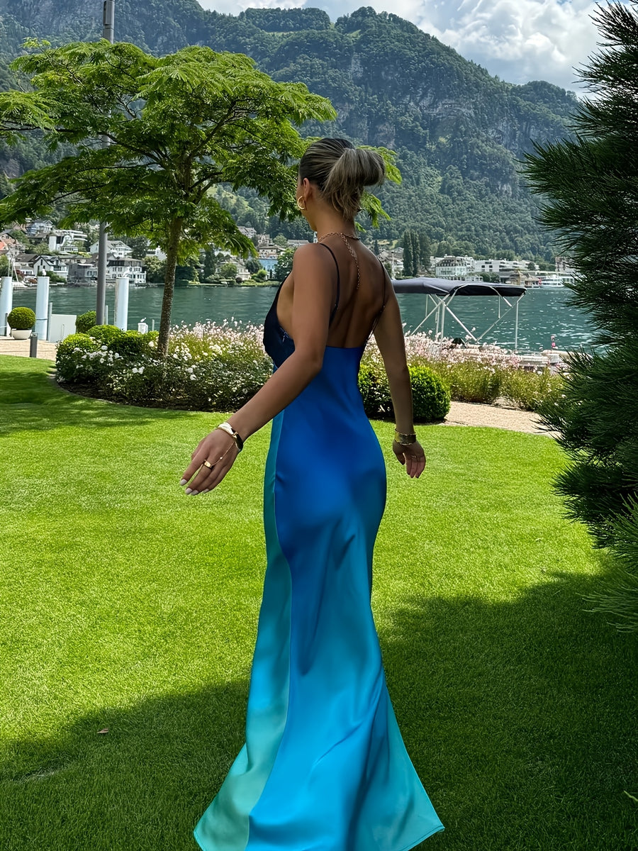 New Contrast-Color Deep V Patchwork Camisole, Sexy Hollow-Out, Slim Fit, Stylish Temperament, Original Design, Elegant Long Length, Versatile Backless Dress for Women. Perfect for Parties, Gatherings, Vacations, Beaches, Weddings, One-Piece Evening - Deep Sky Blue