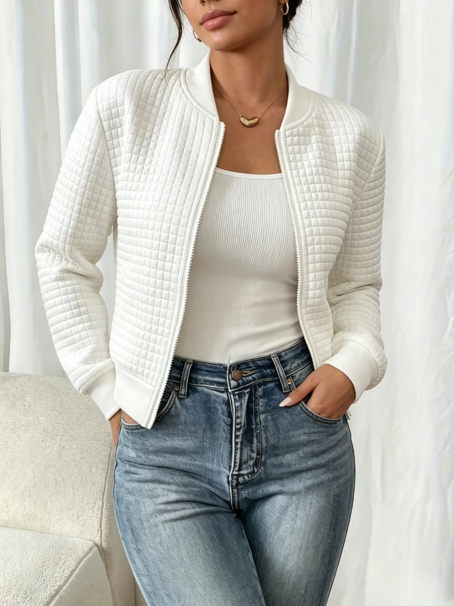 Easy Temperament Checkered Embossed Jacket, Casual All-Match Commute Loose Short Stand-Up Collar Coat Women'S - White