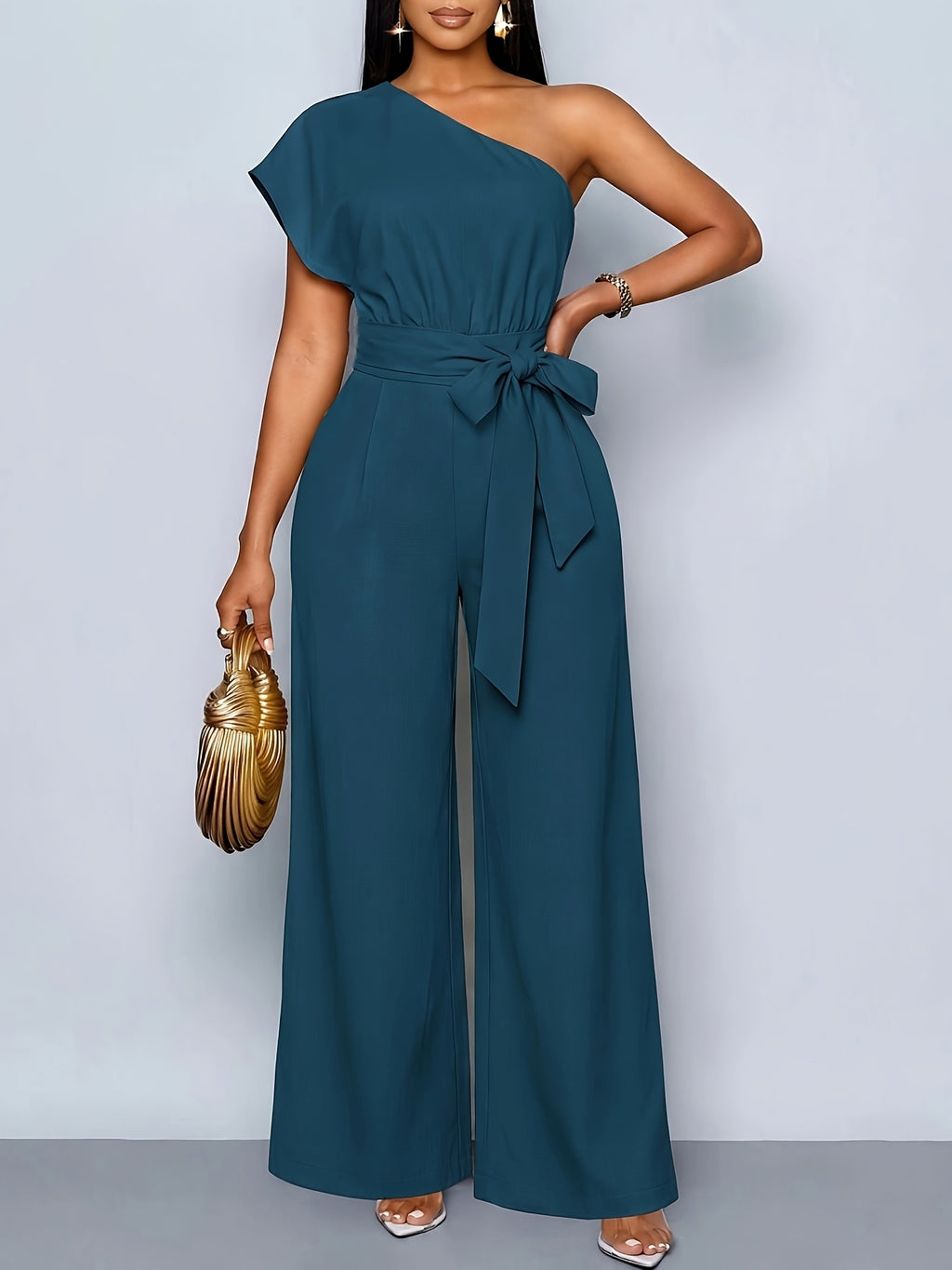 Women'S Summer Commute Fashionable Elegant Daytime Outing Casual Easy Solid Color Asymmetrical One-Shoulder Pleated Wide-Leg Jumpsuit, Suitable for Daily Wear, Dates, Parties, Vacation Outfits, All-Season Clothing, Women'S Office Attire - Malachite Green