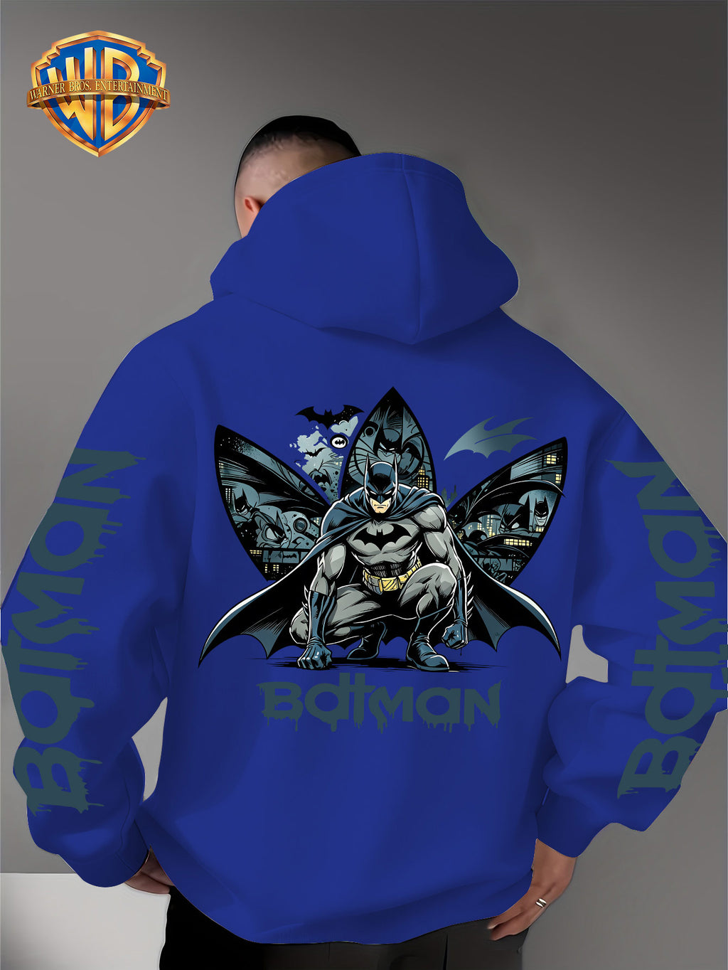 Warner Bros. Official 1pc Men's Hooded Long-Sleeve Sweatshirt - Batman Gotham Night Scene Multi-Panel Print + BATMAN Drip Graffiti Letter Creative Graphic Print, Letter Print on Both Sleeves, Cool DC Superhero IP Graphic Hoodie, Skin-Friendly - Blue