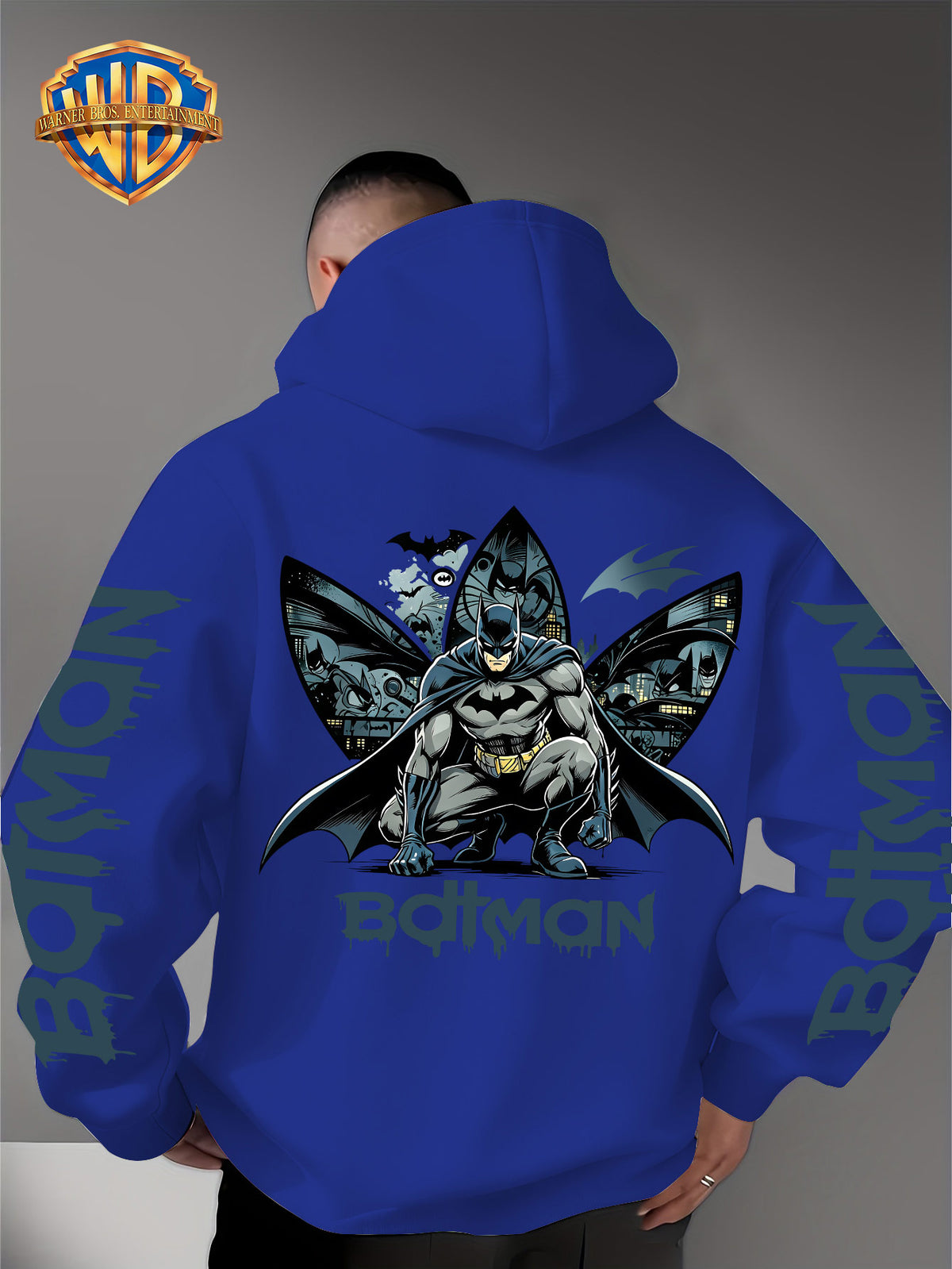 Warner Bros. Official 1pc Men's Hooded Long-Sleeve Sweatshirt - Batman Gotham Night Scene Multi-Panel Print + BATMAN Drip Graffiti Letter Creative Graphic Print, Letter Print on Both Sleeves, Cool DC Superhero IP Graphic Hoodie, Skin-Friendly - Blue
