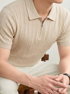 New Spring/Autumn Vertical Stripe Knit Polo Shirt for Men, Half-Zip Lapel Short Sleeve Light Luxury Stretch Casual Base Layer Top, Suitable for Daily Work Wear - Apricot