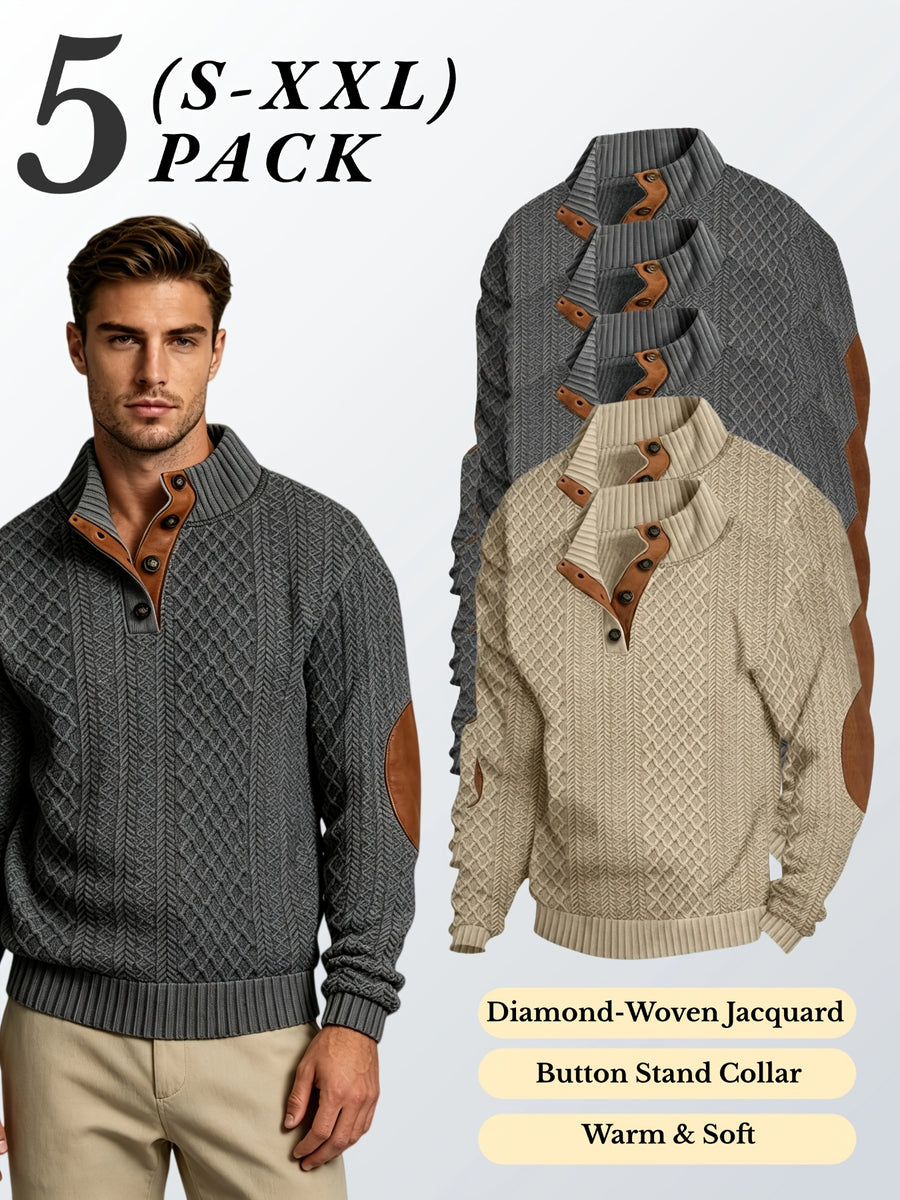 5pcs Set Men's Textured Jacquard Knit Vintage Casual Button-Up Stand Collar Long Sleeve Top, Versatile Basic Solid Color for Autumn/Winter Outings and Home Wear - Dark Gray 3+ Khaki 2